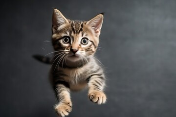 Fototapeta na wymiar Kitten jumping over floating in the air (Ai generated)