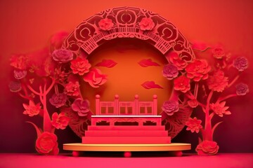 Podium round stage podium and paper art Chinese style (Ai generated)