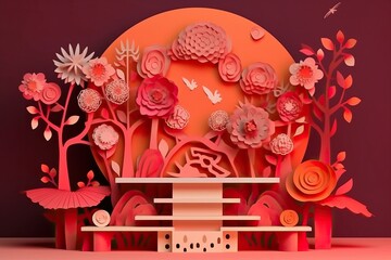 Podium round stage podium and paper art Chinese style (Ai generated)