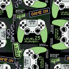 Abstract Seamless hand drawn pattern with joystick. Gamer elements for boy t-shirt design. Repeat print with gamepad sign for boys textile and more  © SokolArtStudio