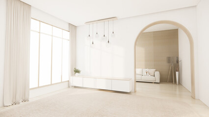 Living room, cabinet Tv minimalist design muji style.3D rendering