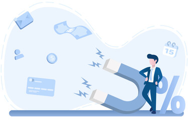 Digital marketing ideas. Business people using magnets to attract customers, money through marketing plans. Create, publish and share online content to attract and engage audience. 