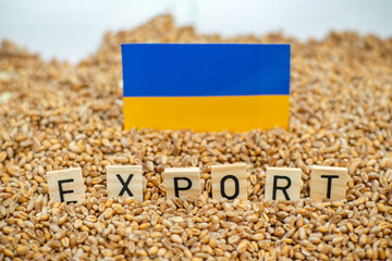 Ukraine's grain exports are questionable. The word exports and the flag of Ukraine on the...