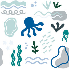 Fototapeta na wymiar Nautical marine abstract shapes seamless pattern. Figures of octopus, jellyfish and algae. Sea life blue turquoise pattern. Generative AI