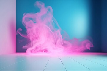  a room with beautiful light blue background with white smoke trailing across the floor with pink lighting. Abstract background for presentation. Ai Generated.