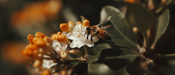 Beautiful natural background with orange tree foliage and flowers and a bee outdoors in nature. Created using generative AI.