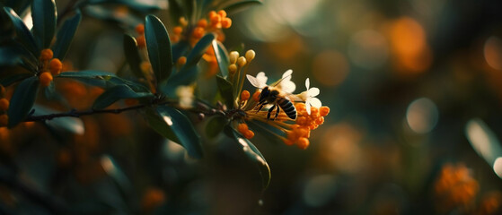 Beautiful natural background with orange tree foliage and flowers and a bee outdoors in nature. Created using generative AI.