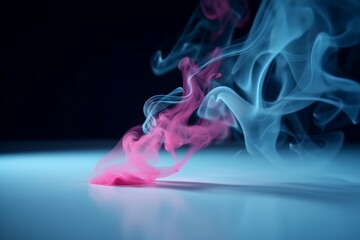 A beautiful light blue background with white smoke trailing in pink and blue across the floor with blue lighting. Abstract background for presentation. AI Generated
