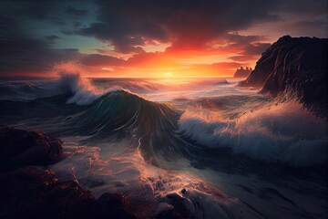 Obraz na płótnie Canvas breathtaking view of sunset over a messy ocean coast, with waves rolling and crashing on the shore, created with generative ai