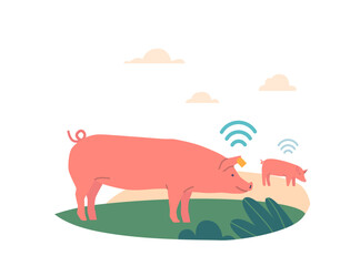 Farming And Livestock Innovations Concept. Pigs Grazing On Meadow With Gps Tracker. Technology, Efficient Grazing Generative AI