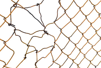 The texture of the metal mesh. Torn, destroyed, broken metal mesh on a white background