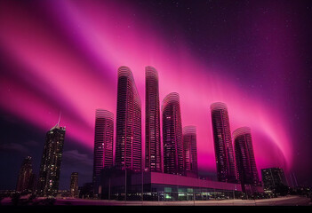 Pink glow over tall skyscrapers. AI Generated
