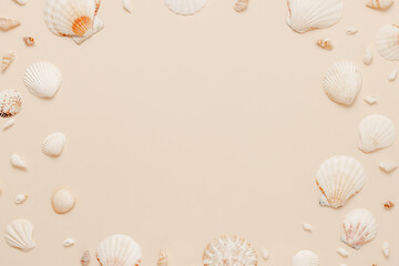 Frame made from seashells on warm beige background. Seashell summer aesthetic backdrop with copy...