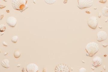 Frame made from seashells on warm beige background. Seashell summer aesthetic backdrop with copy space