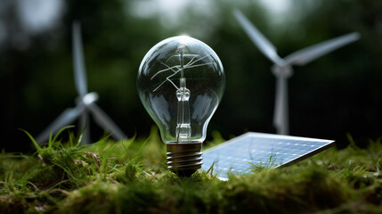 Lightbulb with Solar Panel and Wind Turbine in Background - ESG, Renewable Clean Energy, and Green Energy Concept - Generative AI