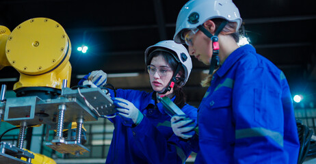 Professional, Two females industrial engineer colleague or technician worker wearing safety uniform, hard hat using tablet discuss automated robotic arm machine in factory. Automatic Industry concept.
