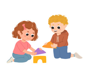 Cartoon happy girl and boy playing with blocks and smiling. Cute vector illustration isolated on white background.