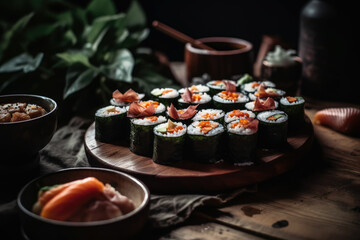sushi rolls, served on a traditional Japanese platter. AI generated