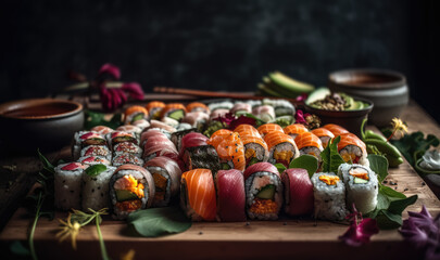 Obraz na płótnie Canvas sushi rolls, served on a traditional Japanese platter. AI generated