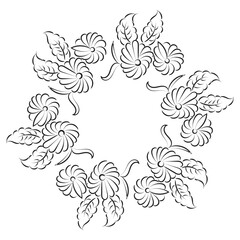 Free Embroidery Pattern. Printable Leaves Wreath. Hand drawn black and white floral wreath