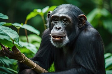 Chimpanzee in the forest. Chimp in the protected Kibale forest. Safari in Uganda. African wildlife. Generated by AI.