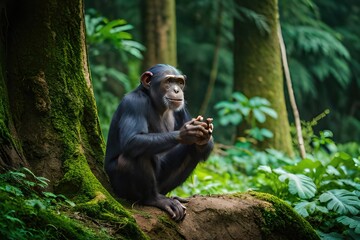 Fototapeta na wymiar Chimpanzee in the forest. Chimp in the protected Kibale forest. Safari in Uganda. African wildlife. Generated by AI.