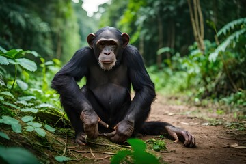 Chimpanzee in the forest. Chimp in the protected Kibale forest. Safari in Uganda. African wildlife. Generated by AI.