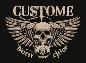 Vector vintage illustration skull biker with engine and wings