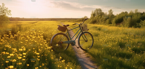 Obraz premium Beautiful spring summer natural landscape with a bicycle on a flowering meadow against a blue sky with clouds on a bright sunny day. Created using generative AI.