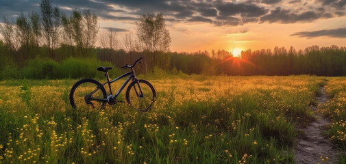 Fototapeta premium Beautiful spring summer natural landscape with a bicycle on a flowering meadow against a blue sky with clouds on a bright sunny day. Created using generative AI.