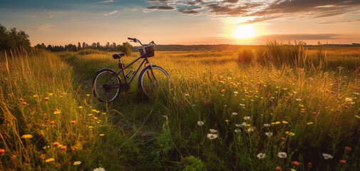 Naklejka premium Beautiful spring summer natural landscape with a bicycle on a flowering meadow against a blue sky with clouds on a bright sunny day. Created using generative AI.