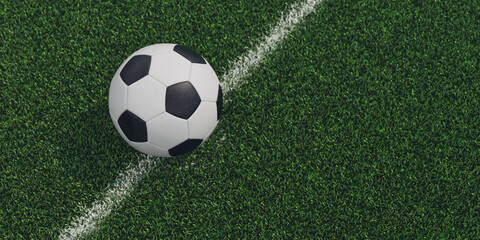 Fototapeta na wymiar 3D Traditional soccer ball on the line on field on a 3D Soccer Stadium