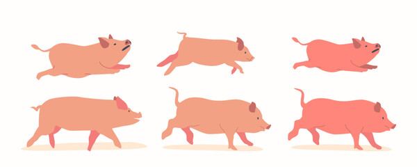 Fototapeta premium Pigs Are Omnivorous Farm Mammals with Stout Bodies, Short Legs, Snouts, And Curly Tails. Fast And Playful Piglets Racing Generative AI