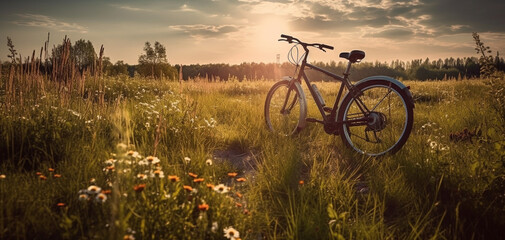 Naklejka premium Beautiful spring summer natural landscape with a bicycle on a flowering meadow against a blue sky with clouds on a bright sunny day. Created using generative AI.