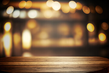 Wooden table blurred background of restaurant of cafe with bokeh. Flawless Generative AI - obrazy, fototapety, plakaty