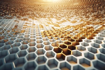 Network connection concept gold honeycomb shiny white background. Futuristic Abstract Geometric Background Design Made with Generative AI