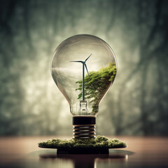 Lightbulb with Wind Turbine and Tress/Foliage Growing Inside of It - ESG, Renewable Energy, and Clean Energy Concept - Generative AI