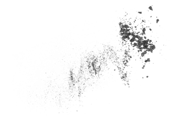 Black charcoal dust, gunpowder,  with effect fragments explosion isolated on white background and texture, top view