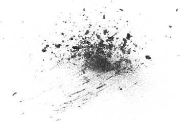 Black charcoal dust, gunpowder,  with effect fragments explosion isolated on white background and...