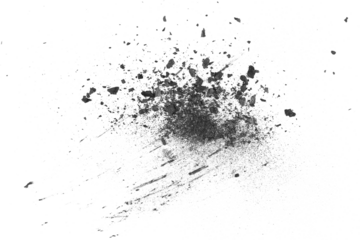 Black charcoal dust, gunpowder,  with effect fragments explosion isolated on white background and texture, top view