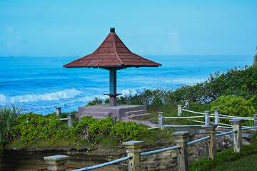 Pangandaran Beach (Shark Rock) a tourist attraction with views of the waves and cliffs, April 23, 2023 West Java Indonesia