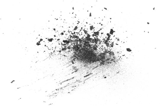 Black charcoal dust, gunpowder,  with effect fragments explosion isolated on white background and texture, top view