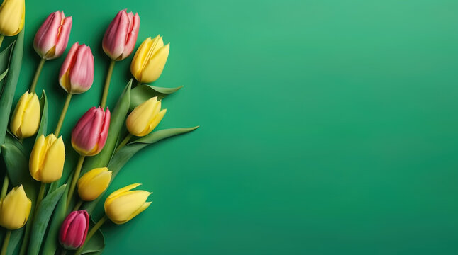Spring tulip flowers on green background top view in flat lay style. Greeting for Womens or Mothers Day or Spring Sale Banner. Generative Ai.