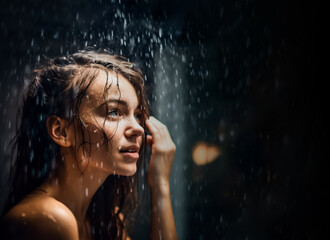 Beautiful woman in a shower, dark mood, with water falling softly on her hair, shallow depth of field, Illustrative Generative AI. not a real person.