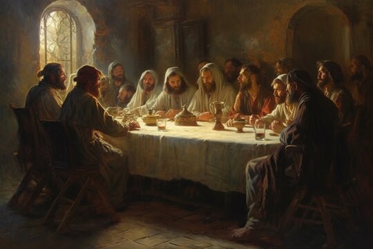 A biblical religious concept from the life of Jesus Christ, God. Last Supper, 12 Apostles, faith, Bible. Secret Supper. Jesus christ holding prayer to god father. Generative AI