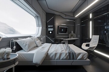 futuristic bedroom with view of stars and planets, featuring sleek design and technology, created with generative ai