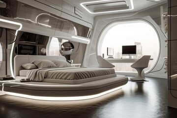 futuristic bedroom with sleek and minimalist design, featuring a modern bed and futuristic decor, created with generative ai