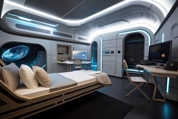 Fototapeta premium spaceship bedroom, with view of endless stars and planets, created with generative ai