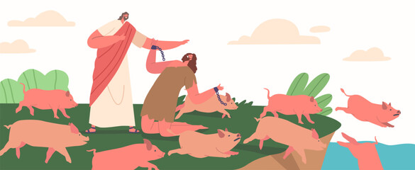 Jesus Christ Character Expelled Demon From Possessed Man Into A Group Of Swine, Causing Them To Stampede Into The Sea Generative AI