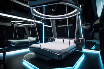 futuristic bedroom with suspended bed and view of stars, created with generative ai